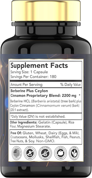Berberine With Ceylon Cinnamon: 2200 Mg Per Capsule - 180 Capsules  Natural Berberine Supplement For Weight Management, Cariovasular & Circulatory System Health  6 Month Supply