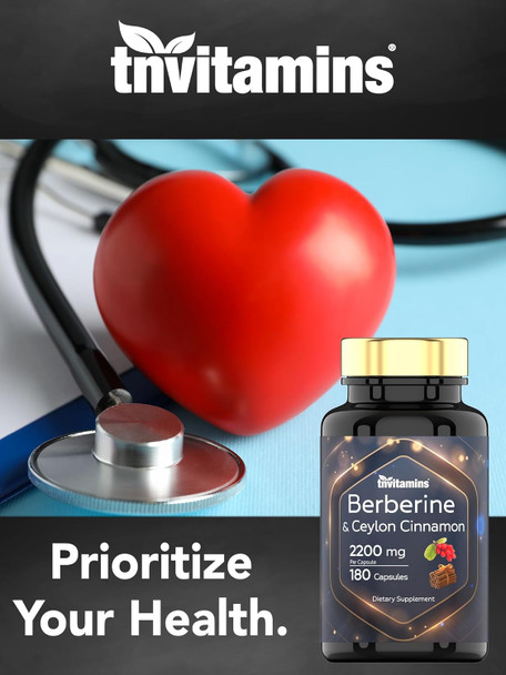 Berberine With Ceylon Cinnamon: 2200 Mg Per Capsule - 180 Capsules  Natural Berberine Supplement For Weight Management, Cariovasular & Circulatory System Health  6 Month Supply