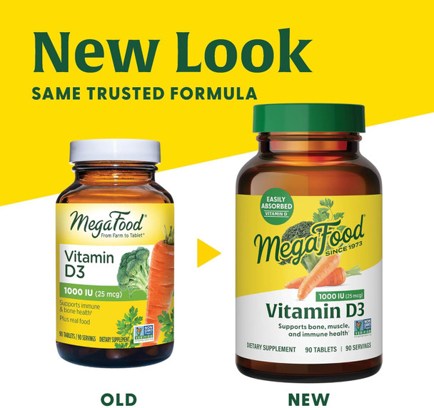 Megafood Vitamin D3 1000 Iu (25 Mcg) - Vitamin D Supplements With Real Food, Immune Support, Supports Bones, Teeth & Muscles, Vegetarian, Gluten-Free, Non-Gmo, Kosher – 90 Tablets, 90 Servings