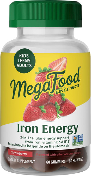Megafood Iron Energy Gummies - Vegan & Gluten-Iron Supplement For Women, Men, Teens & Kids With Vitamin B12 & B6, From The Makers Of Blood Builder Iron Supplement, Strawberry Flavor - 60 Gummies