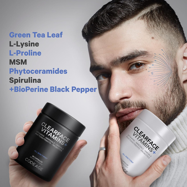 Codeage Clearface Pantothenic Acid, Niacin Supplement, Vitamins A, C, D3, E, Probiotics, Zinc, Riboflavin, Thiamin, L-Lysine Hcl & Omega-3, Niacinamide, Skin Botanical Blend - Non-Gmo - 90 Capsules