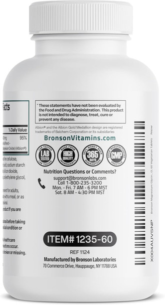 Bronson Magnesium Glycinate 400Mg Extra Strength, Vegetarian, Chelated For Absorption Gentle On The Stomach, Non-Gmo, 60 Tablets