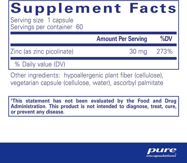 Pure Encapsulations Zinc 30 Mg - Supplement For Immune System Support, Growth And Development, And Wound Healing - With Zinc Picolinate 30 Mg - 60 Capsules