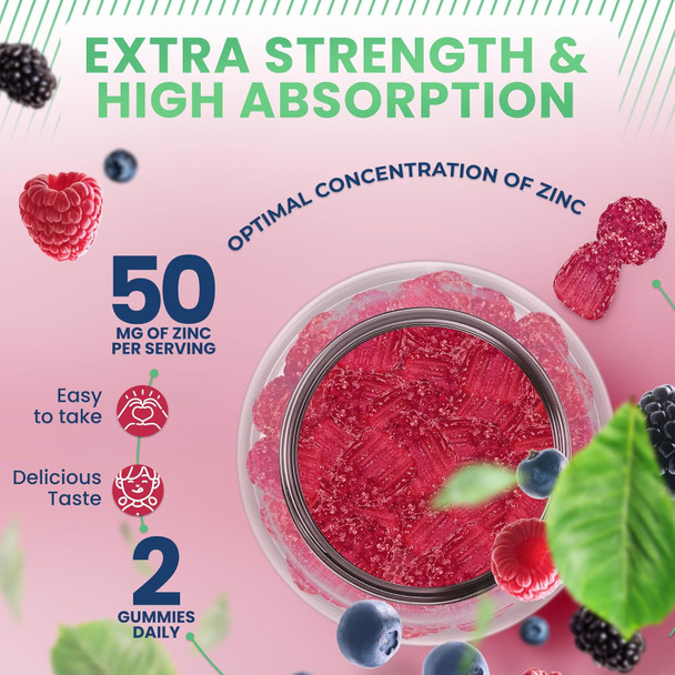 Zinc Gummies 50Mg - Immune Support, Skin Health, Antioxidant, Daily Zinc Supplement For Adults, High Potency Immune Defense Gummy, Chewable Zinc Citrate Immunity Gummies, Vegan, Non-Gmo, Gluten-Free