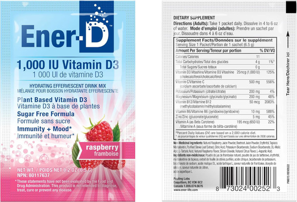 Ener-D Raspberry Multivitamin Drink Powder - Sugar Vitamin D3 - Immune & Energy Support - For Men & Women - Zinc, Vitamin B & C, Electrolytes - Vegan, Non-Gmo Real Fruit Juice - 24 Servings