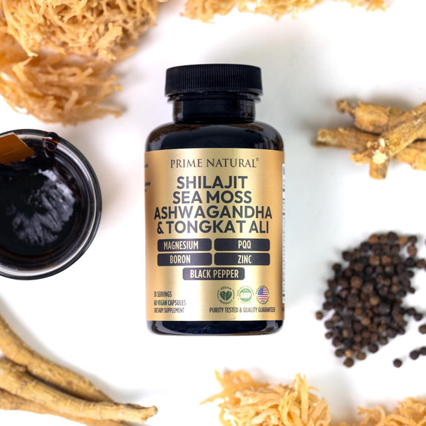 Shilajit 10,000Mg, Irish Sea Moss 2000Mg, Ashwagandha 3000Mg, Tongkat Ali 30,000Mg, Boron, Magnesium, Pqq & More  60 Capsules - 30 Days Supply Fulvic Acid Veg Capsules Vegan Gluten  Non-Gmo