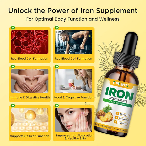 Liquid Iron Supplement For Women Men & Kids Multivitamin Iron Drops With Folate, Vitamin C, B6, B12, Zinc For Anemia, Iron Deficiency, Blood Builder, Energy - Natural Pineapple Flavor, Vegan 4 Fl Oz