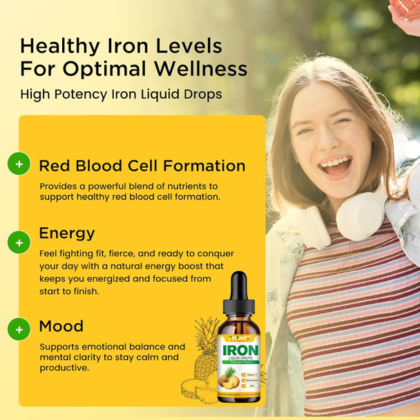 Liquid Iron Supplement For Women Men & Kids Multivitamin Iron Drops With Folate, Vitamin C, B6, B12, Zinc For Anemia, Iron Deficiency, Blood Builder, Energy - Natural Pineapple Flavor, Vegan 4 Fl Oz