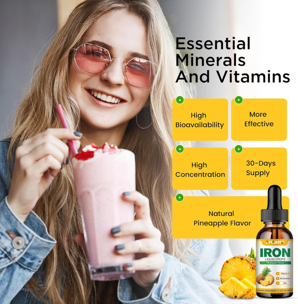 Liquid Iron Supplement For Women Men & Kids Multivitamin Iron Drops With Folate, Vitamin C, B6, B12, Zinc For Anemia, Iron Deficiency, Blood Builder, Energy - Natural Pineapple Flavor, Vegan 4 Fl Oz