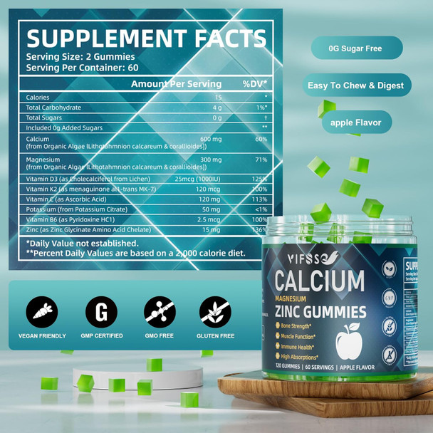 Calcium Magnesium Zinc Gummies 600Mg With Vitamin D3 K2, 120 Gummies Plant Based Sugar-Calcium Gummies High Absorption Complex Calcium Supplement 70+ Trace Minerals For Bone Strength, Vegan