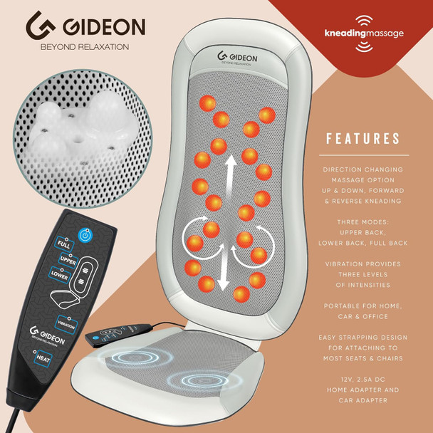 Gideon Shiatsu Back Shoulder And Neck Massager- Deep Tissue Kneading Therapeutic Chair Pad With Heat
