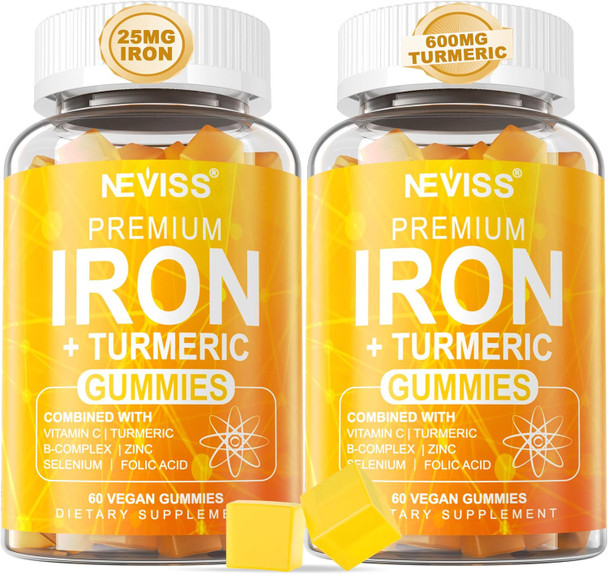 Neviss Vegan Iron Gummy Vitamins For Women & Men - Carbonyl Iron 25 Mg Vitamin C, A, B6, B12, Folate & Turmeric Extract 600 Mg - Iron Supplement For Energy, Immune & Red Blood Cell Support, 120Cts