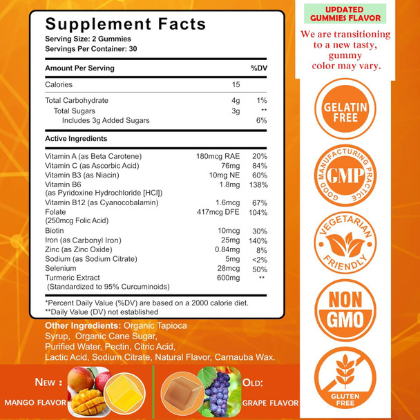 Neviss Vegan Iron Gummy Vitamins For Women & Men - Carbonyl Iron 25 Mg Vitamin C, A, B6, B12, Folate & Turmeric Extract 600 Mg - Iron Supplement For Energy, Immune & Red Blood Cell Support, 120Cts