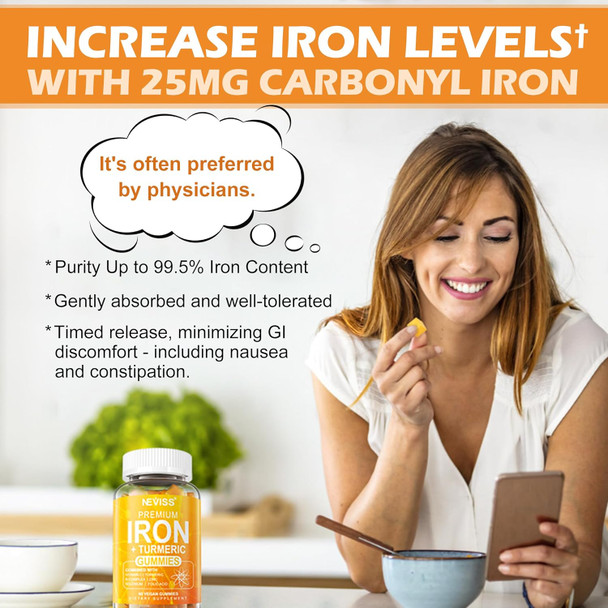 Neviss Vegan Iron Gummy Vitamins For Women & Men - Carbonyl Iron 25 Mg Vitamin C, A, B6, B12, Folate & Turmeric Extract 600 Mg - Iron Supplement For Energy, Immune & Red Blood Cell Support, 120Cts