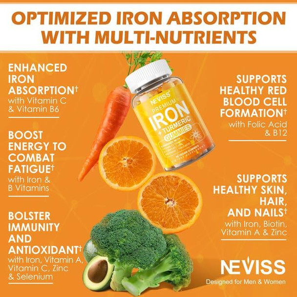 Neviss Vegan Iron Gummy Vitamins For Women & Men - Carbonyl Iron 25 Mg Vitamin C, A, B6, B12, Folate & Turmeric Extract 600 Mg - Iron Supplement For Energy, Immune & Red Blood Cell Support, 120Cts