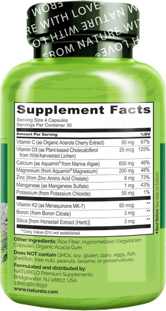 Naturelo Calcium Supplement - With Vitamin C, Vitamin D3, K2, And Calcium Magnesium Zinc For Bone Strength With Calcium 600Mg - Plant-Based, 120 Vegetarian Capsules, Non-Gmo, Soy & Gluten-Free