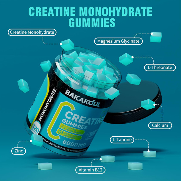 Creatine Monohydrate Gummies 5G For Men & Women - 120 Sugar Gummies With Magnesium Glycinate, L-Threonate, L-Taurine + Vitamin B12 For Muscle Support, Energy Boost, (Blueberry Flavor)