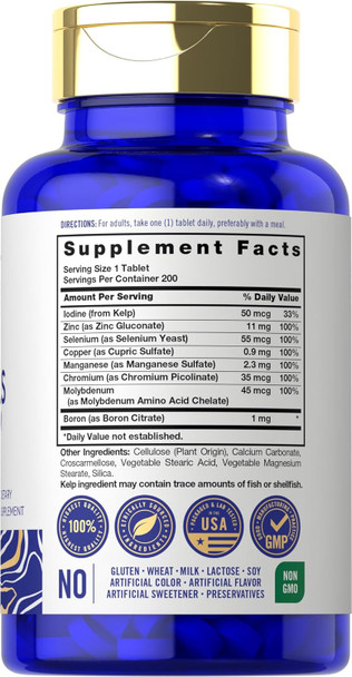 Carlyle Trace Minerals  200 Tablets  Full Spectrum Supplement  Non-Gmo & Gluten Complex  By Vital Trace