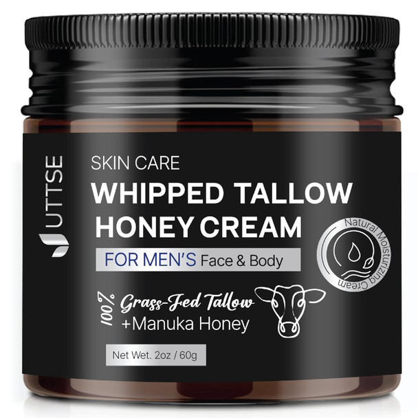 Beef Tallow And Honey Balm For Men: Grass Fed Whipped Beef Tallow With Honey - Face Body Moisturizer 2Oz - Organic Unscented Fast Absorption Tallow Cream Infused With Manuka Honey Beeswax Olive Oil