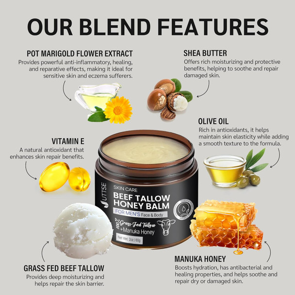 Beef Tallow And Honey Balm For Men: Grass Fed Whipped Beef Tallow With Honey - Face Body Moisturizer 2Oz - Organic Unscented Fast Absorption Tallow Cream Infused With Manuka Honey Beeswax Olive Oil