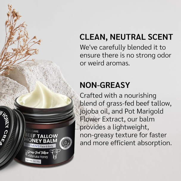 Beef Tallow And Honey Balm For Men: Grass Fed Whipped Beef Tallow With Honey - Face Body Moisturizer 2Oz - Organic Unscented Fast Absorption Tallow Cream Infused With Manuka Honey Beeswax Olive Oil