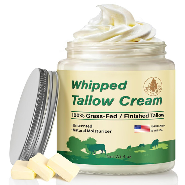 Beef Tallow For Skin, Organic Grass Fed Whipped Beef Tallow Moisturizer Deeply Nourishing For Face & Body, Natural Unscented Tallow Face Moisturizer Smooth Soft For Dry Skin, 4Oz