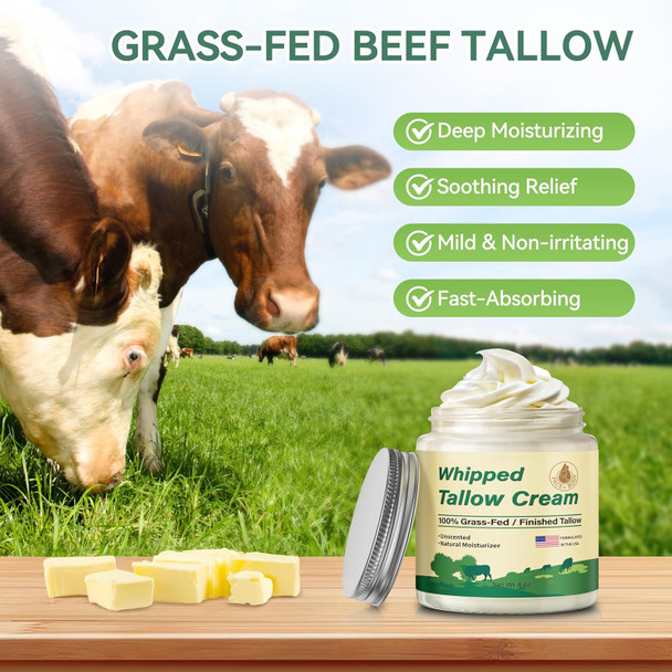 Beef Tallow For Skin, Organic Grass Fed Whipped Beef Tallow Moisturizer Deeply Nourishing For Face & Body, Natural Unscented Tallow Face Moisturizer Smooth Soft For Dry Skin, 4Oz