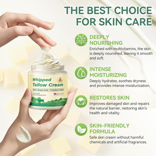 Beef Tallow For Skin, Organic Grass Fed Whipped Beef Tallow Moisturizer Deeply Nourishing For Face & Body, Natural Unscented Tallow Face Moisturizer Smooth Soft For Dry Skin, 4Oz