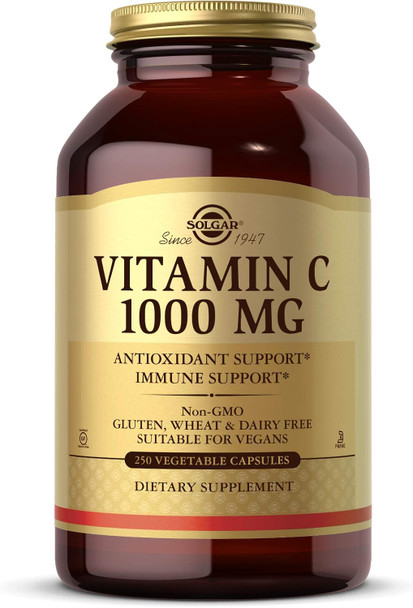 Solgar Vitamin C 1000 Mg, 250 Vegetable Capsules - Antioxidant & Immune Support - Overall Health - Healthy Skin & Joints - Bioflavonoids Supplement - Non Gmo, Vegan, Gluten Free, Kosher - 250 Servings