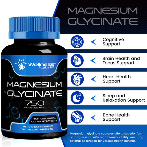Magnesium Glycinate Capsules - 750Mg  120 Count, Magnesium Supplement For Women And Men – Glicinato De Magnesio Pure Complex For High Absorption, Heart Health, Sleep Supplement