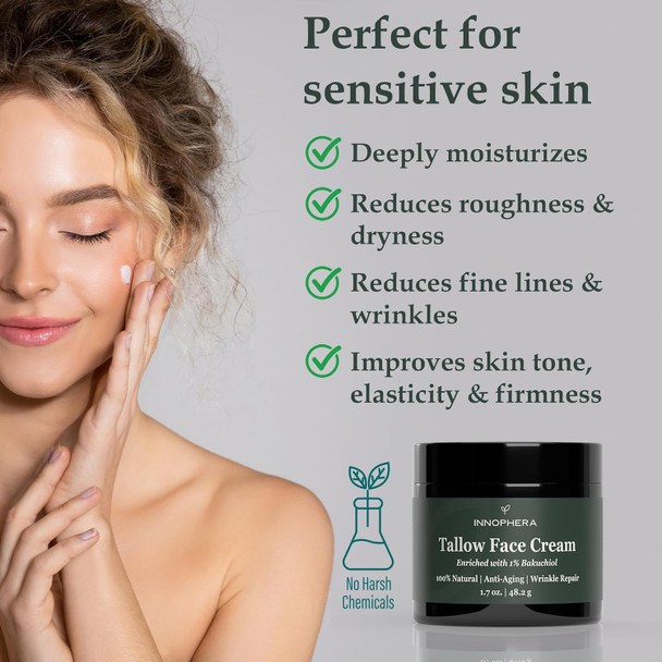 Whipped Beef Tallow Face Anti-Aging Cream ‒ With 1% Bakuchiol ‒ 100% Natural Wrinkle Repair & Moisturizing Face Cream For Sensitive Skin ‒ Unscented ‒ 1.7 Oz.