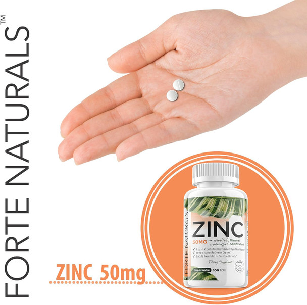Zinc Supplements 50 Mg (100 Tablets) Specially Formulated For Sensitive Stomachs, Vitamins For Adults Daily Supplement Vegan, Non Gmo, Easy To Swallow Zink Vitaminas