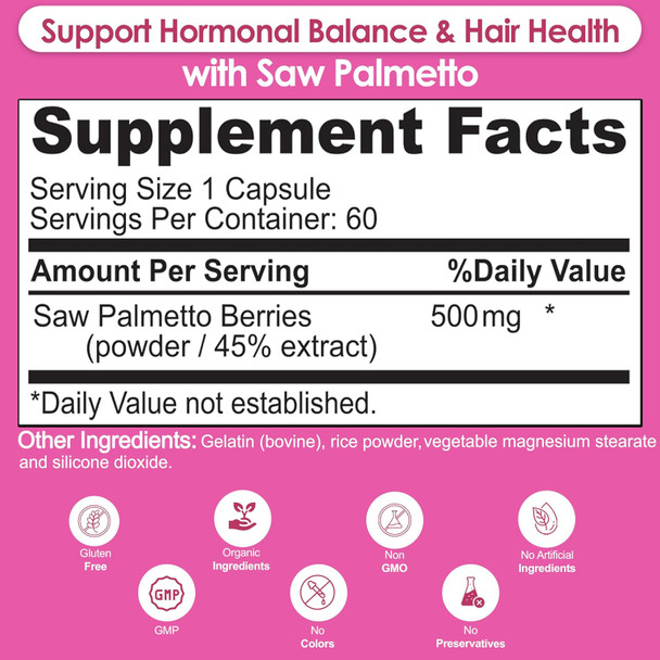 Saw Palmetto For Women - Natural Dht Blocker Hair Growth Pills Made With Organic Saw Palmetto Extract Berries Supports Hormonal Balance & Urinary Health Pure Saw Palmetto For Women Hair Loss 60 Pills