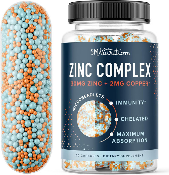 Zinc Supplement Microbeadlets For Immune & Acne Support  Highly Absorbable Zinc Bisglycinate & Orotate With 2Mg Chelated Copper + Vitamin B6  Vegan, Gluten- 60 Capsules (2 Month Supply)