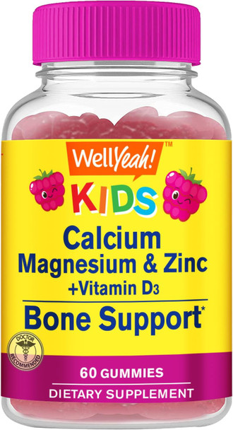 Kid'S Calcium, Magnesium, Zinc + Vitamin D3 Gummies By Wellyeah  Bone, Muscle And Nerve Health Support, Immune Support  For Men And Women  Gluten Free, Non Gmo  Raspberry Flavor  60 Count