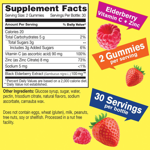 Elderberry Gummies With Vitamin C And Zinc - Antioxidant And Immune Support, Black Elderberry Dietary Supplement For Men And Women - Non Gmo, Vegan - Naturally Sourced Flavors - 60 Count