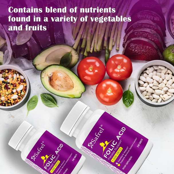 Safrel Folic Acid 1000 Mcg (1 Mg) - Vitamin B9-240 Tablets, Essential Prenatal And Postnatal Vitamin For Fetal Development, Red Blood Cell Production, Cell And Neural Development  Non-Gmo, Vegan