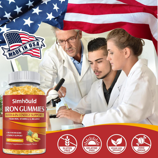 2 Pack Vegan 80Mg Iron Supplement Gummies For Women & Men - Vitamin A, C, B For Adults & Kids - Blood Builder & Energy Support For Iron Deficiency, Anemia, 120 Counts Pineapple Flavor Gummies