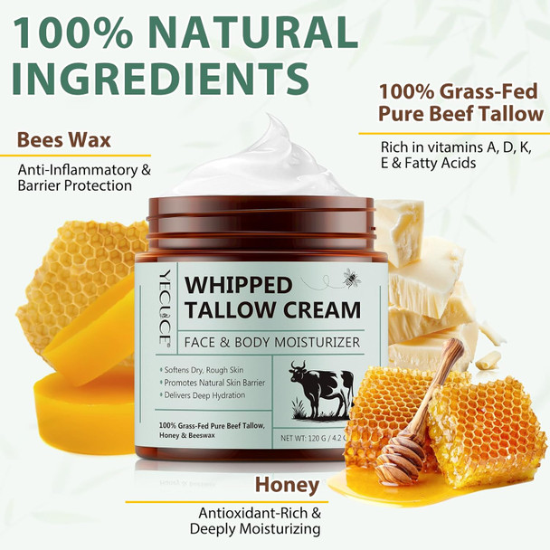 Beef Tallow And Honey Balm, Beef Tallow For Skin, Face & Body Moisturizer With Grass-Fed Pure Beef Tallow, Honey Beeswax, Whipped Tallow Cream Delivers Deep Hydration Skin