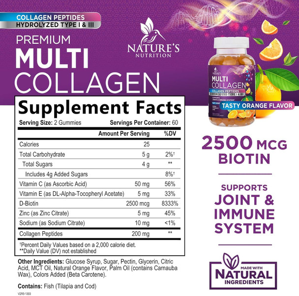 Collagen Gummies With 2500Mcg Biotin, Vitamin C & Zinc - Hydrolyzed Type 1 & 3 Collagen Peptides Supplement - Support For Hair, Skin, Nails & Joints - Gluten - Orange Flavored Gummy - 120 Count Collagen Gummies With 2500Mcg Biotin, Vitamin C & Zinc - Hydrolyzed Type 1 & 3 Collagen Peptides Supplement - Support For Hair, Skin, Nails & Joints - Gluten - Orange Flavored Gummy - 120 Count