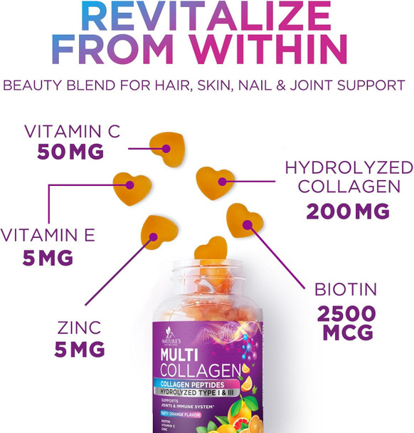 Collagen Gummies With 2500Mcg Biotin, Vitamin C & Zinc - Hydrolyzed Type 1 & 3 Collagen Peptides Supplement - Support For Hair, Skin, Nails & Joints - Gluten - Orange Flavored Gummy - 120 Count Collagen Gummies With 2500Mcg Biotin, Vitamin C & Zinc - Hydrolyzed Type 1 & 3 Collagen Peptides Supplement - Support For Hair, Skin, Nails & Joints - Gluten - Orange Flavored Gummy - 120 Count
