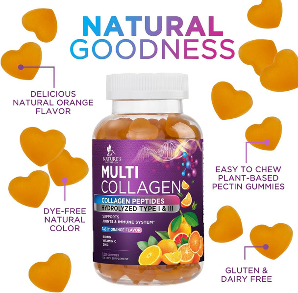 Collagen Gummies With 2500Mcg Biotin, Vitamin C & Zinc - Hydrolyzed Type 1 & 3 Collagen Peptides Supplement - Support For Hair, Skin, Nails & Joints - Gluten - Orange Flavored Gummy - 120 Count Collagen Gummies With 2500Mcg Biotin, Vitamin C & Zinc - Hydrolyzed Type 1 & 3 Collagen Peptides Supplement - Support For Hair, Skin, Nails & Joints - Gluten - Orange Flavored Gummy - 120 Count