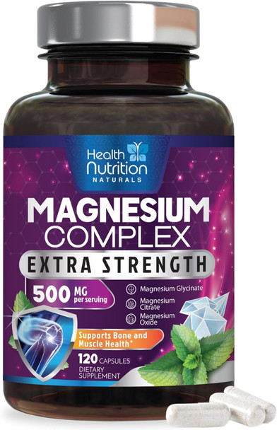 Magnesium Supplement Complex 500Mg With Glycinate, Oxide, Malate, Citrate - High Absorption Chelated Magnesium Capsules For Muscle, Heart, Bone Health & Nerve Support, For Women And Men - 120 Tablets