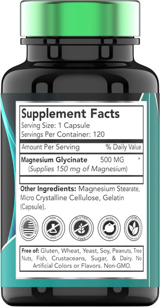 Magnesium Glycinate 500Mg Per Capsule - 120 Count  4 Month Supply  Pure Chelated Magnesium Supplement For Sleep, Calm, Nerve, Joint, & Bone Support  Aka Magnesium Bisgycinate  Non-Gmo