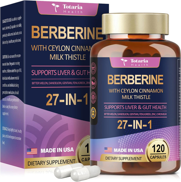 27-In-1 Berberine Supplement With Ceylon Cinnamon, Milk Thistle - Pure Berberine 6000Mg - Berberine Plus For Immune, Better Figure, Liver & Gut Health, Vegan Supplements For Men & Women - 120 Caps