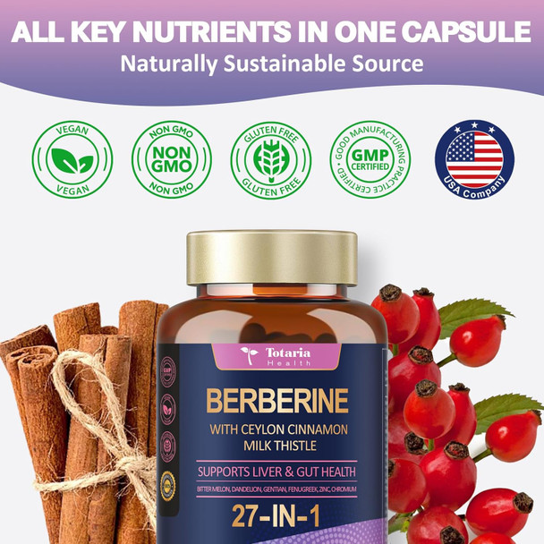 27-In-1 Berberine Supplement With Ceylon Cinnamon, Milk Thistle - Pure Berberine 6000Mg - Berberine Plus For Immune, Better Figure, Liver & Gut Health, Vegan Supplements For Men & Women - 120 Caps