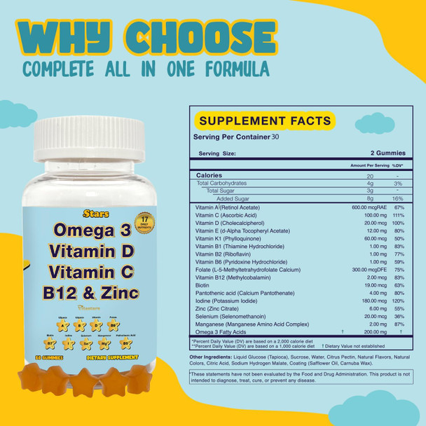 Adult Multivitamin Gummy With Omega 3, Chewable Multivitamin With Selenium, Vitamin A, B, C, D, Biotin, Multivitamin For Women, Multivitamin For Men, 60 Star Shaped Multivitamin Gummies