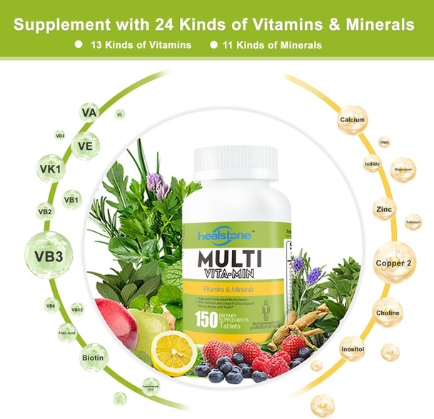 Adult Multivitamin/Multimineral For Immune Health, Dietary Supplement For Energy, Brain, Eye Health With Vitamin A, C, D3, E, Calcium & More, Gluten Free, 75-Days Supply, 150 Tablets