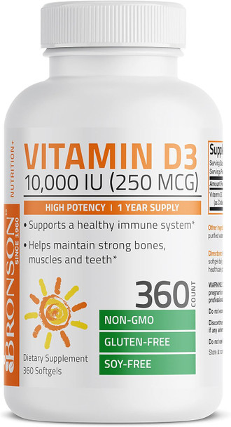 Bronson Vitamin D3 10,000 Iu (250 Mcg) High Potency - Supports Healthy Immune System, Strong Bones, Muscles & Teeth - Non Gmo, 360 Softgels (1 Year Supply) Bronson Vitamin D3 10,000 Iu (250 Mcg) High Potency - Supports Healthy Immune System, Strong Bones, Muscles & Teeth - Non Gmo, 360 Softgels (1 Year Supply)