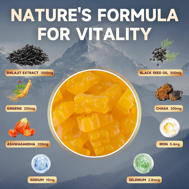Sugar-Shilajit Gummies 1000 Mg With 85+ Trace Minerals & Fulvic Acid, Pure Himalayan Shilajit Supplement Gummies For Men & Women - Energy, Brain, Immunity - Strawberry Flavor, 120 Count